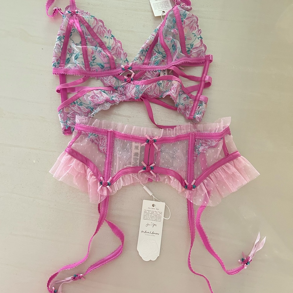 For Love And Lemons Viviane Rose Embroidered Bralette and Garter set